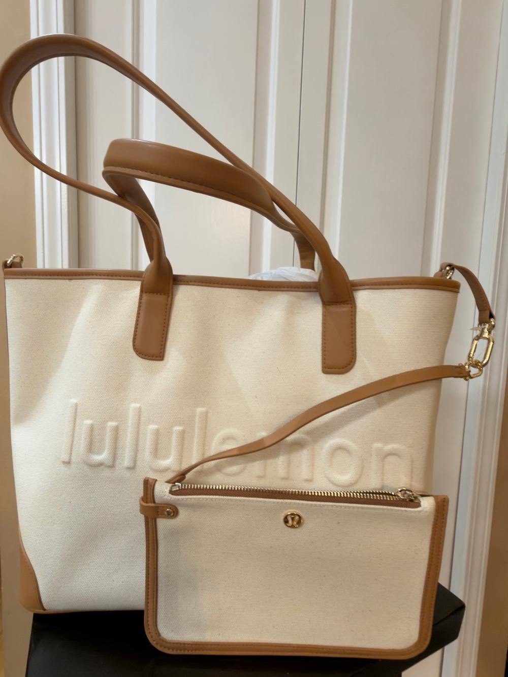 Lululemon Classic Tote Canvas with Tan Leather Trim